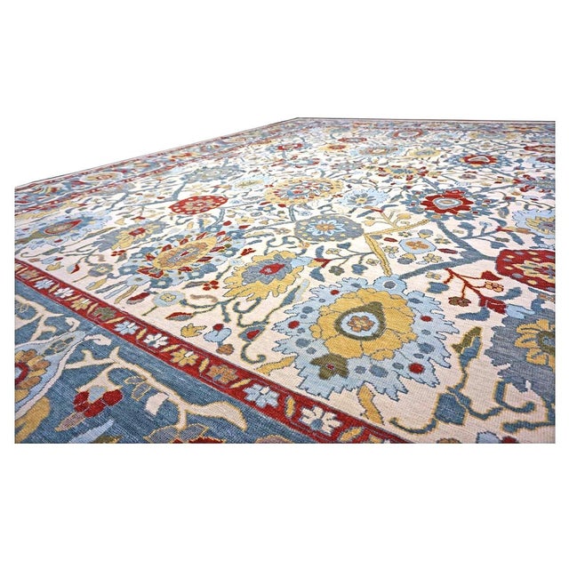 Afghan Sultanabad Wool 13x16 Ivory, Red & Light Blue Handmade Area Rug #1143763 For Sale - Image 9 of 12