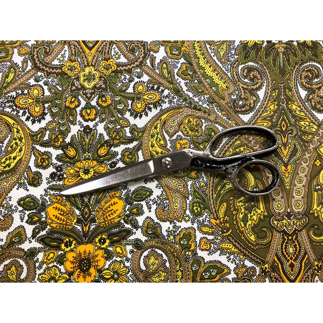 51" W British cotton Tunis paisley drapery fabric in green, brown, white, and mustard yellow. Price is per yard. Pattern...