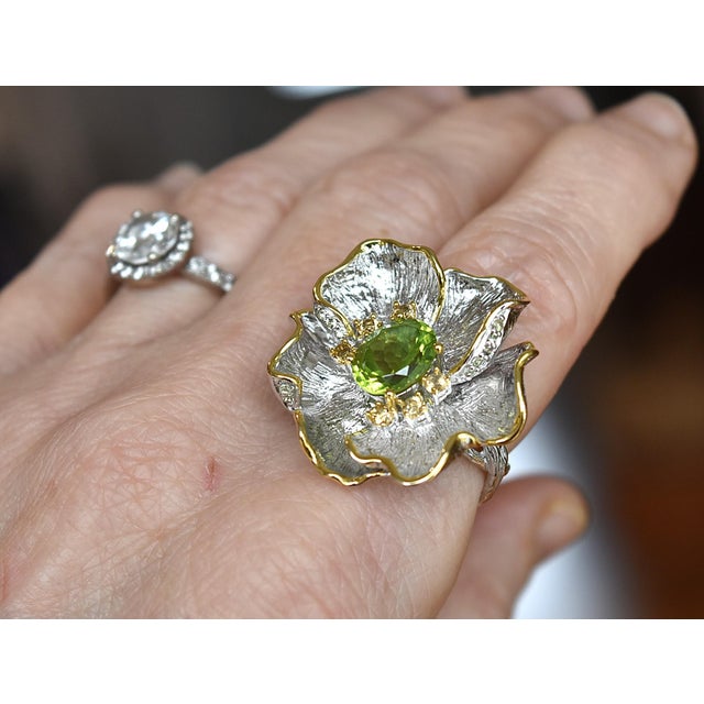 Artisan Peridot Citrine Flower Adjustable Ring Sterling Silver, Size 7.25 For Sale - Image 10 of 15
