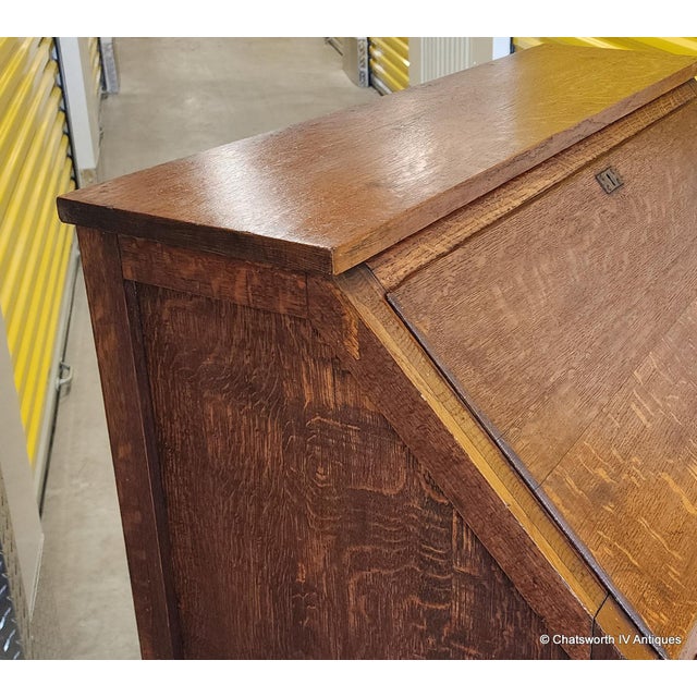 Antique Mission Arts & Crafts Craftsman Style Quartered Oak Slant Top Desk, 1910 For Sale - Image 9 of 14