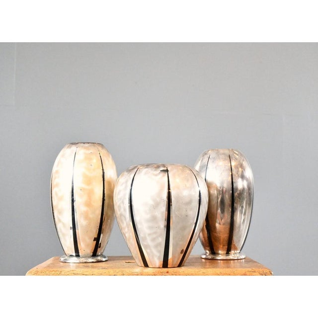 Set of vases by wmf ikora circa 1920s price is for the set of three - silver plated brass with black stripe detailing -...