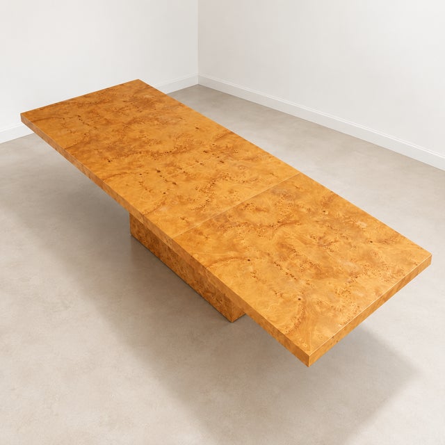 1970s Milo Baughman Style Burl Wood Extendable Pedestal Dining Table For Sale - Image 5 of 15