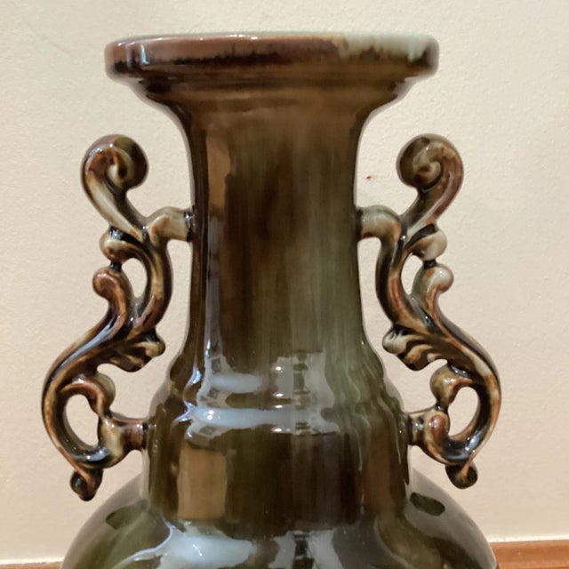 Mid Century Baluster Porcelain Ceramic Glazed Crackle Deep Green Vase With Molded Handles Oriented Style For Sale In Chicago - Image 6 of 12