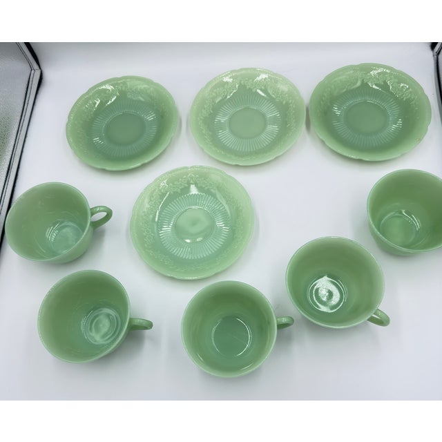 1940s 1940s Anchor Hocking Fire King Alice Jadeite Coffee Tea Cup & Saucer 9pc Lot For Sale - Image 5 of 14