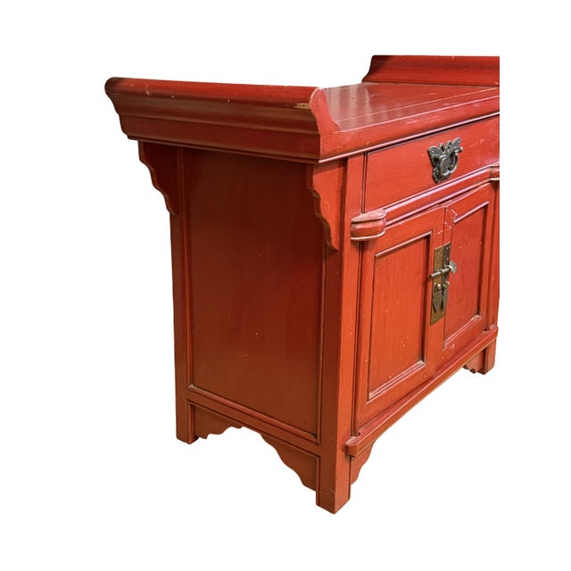 Chinese Vintage Chinese Red Lacquered Altar-Form Small Chest For Sale - Image 3 of 10