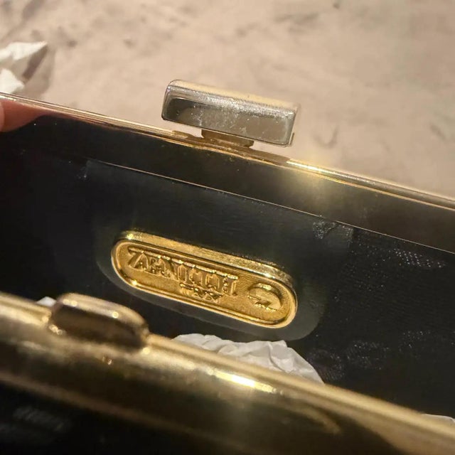 Metal 1980s Blue Fabric and Brass Italian Continuous Logo Clutch by Zenith For Sale - Image 7 of 15