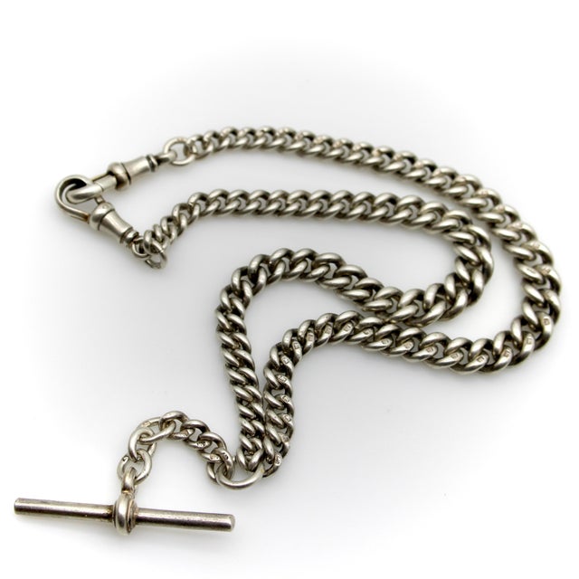 Art Deco 1920s Art Deco Sterling Silver Graduated Curb Link Watch Chain For Sale - Image 3 of 9