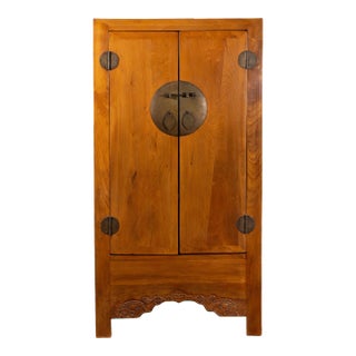 19th Century Chinese Qing Dynasty Carved Apron & Bronze Hardware Cabinet For Sale