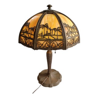 Antique Art Nouveau 8 Panel Slag Glass Lamp With Desert Scene Palm Trees, for Repair For Sale