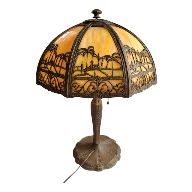 Antique Art Nouveau 8 Panel Slag Glass Lamp With Desert Scene Palm Trees, for Repair For Sale