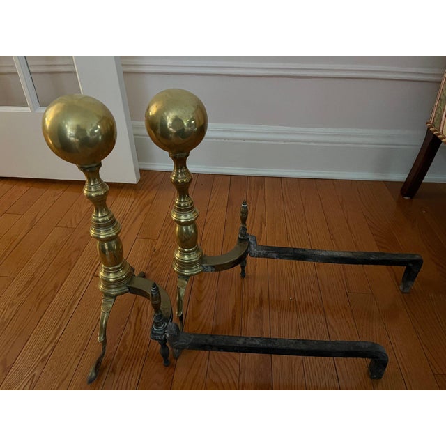 1940s Mid‑Century Brass Pierced Fireplace Fender + Andirons & Tool Set- 6 Pieces For Sale - Image 5 of 12