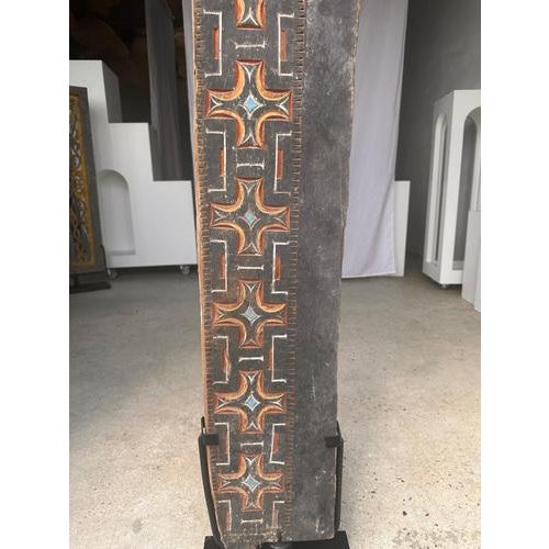 Indonesian Construction Element in Carved Wood with Red, Blue and Yellow Geometric Frieze Mounted on a Base For Sale - Image 10 of 18