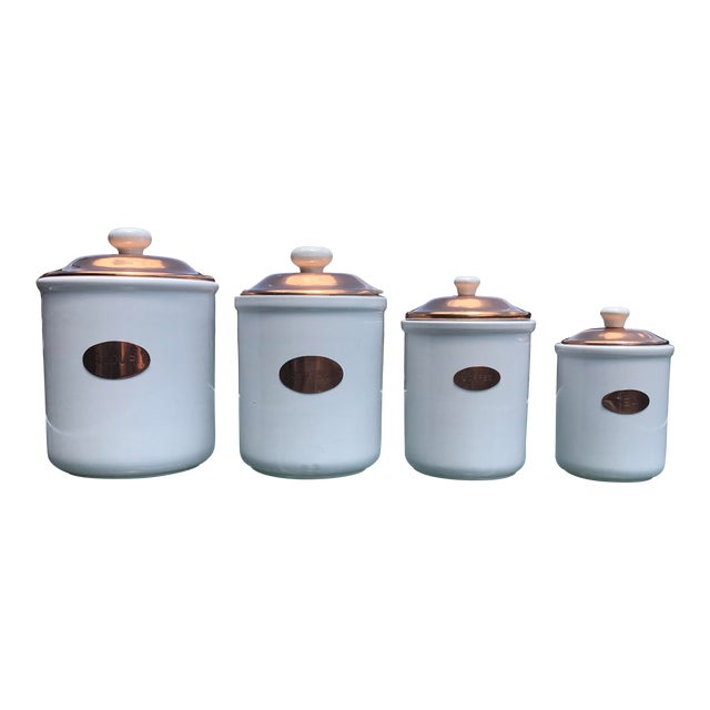 Vintage White Ceramic & Copper Kitchen Canisters With Lids - Set of 4