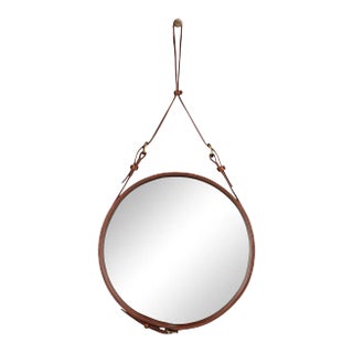 Jacques Adnet Small Circulaire Mirror With Brown Leather For Sale