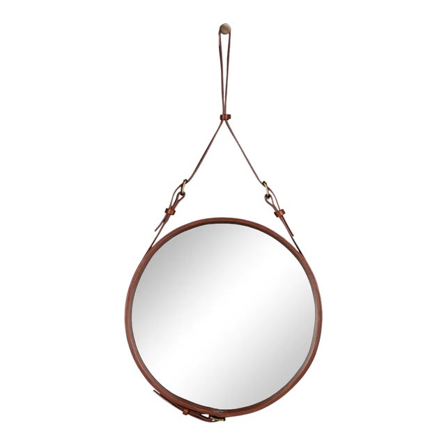 Jacques Adnet Small Circulaire Mirror With Brown Leather For Sale
