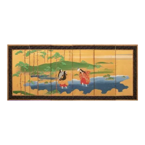 C. 1900-1920s Meiji to Taisho Era Japanese Small 6-Panel Byobu Screen