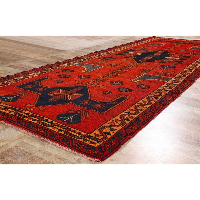 Red Late 19th Century Persian Shiraz Rug Runner, 04'10 X 13'08 For Sale - Image 8 of 10