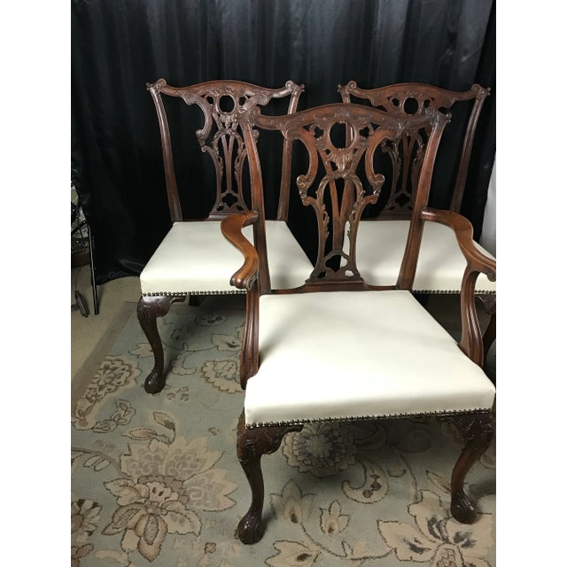 Brown Carved Mahogany Chippendale Dining Chairs, Set of 6, White Faux Leather For Sale - Image 8 of 12