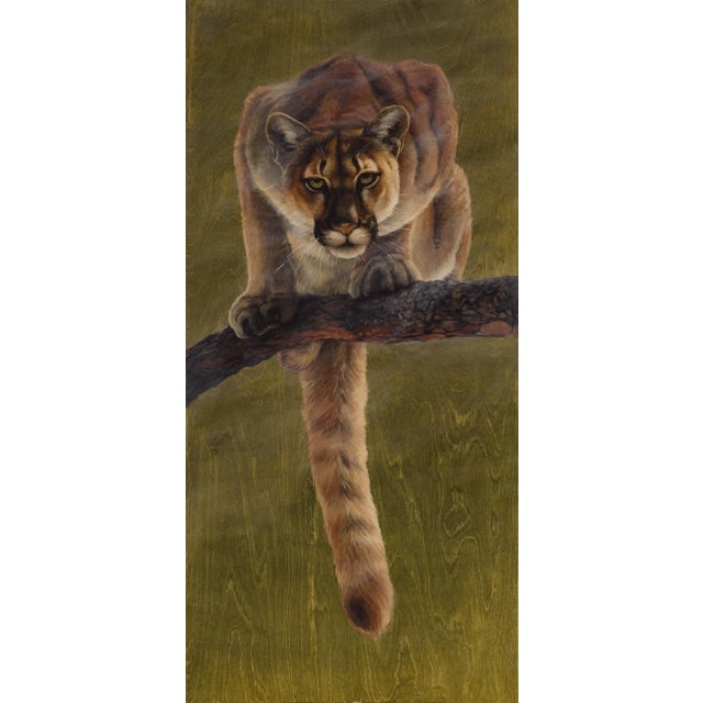 Silent Hunter by Terra Novak | Oil on wood Painting of a mountain lion on a branch For Sale