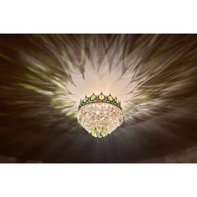 Vintage Emerald Green & Clear Crystal Crown Flush Mount Chandelier – 3 Light For Sale - Image 16 of 17
