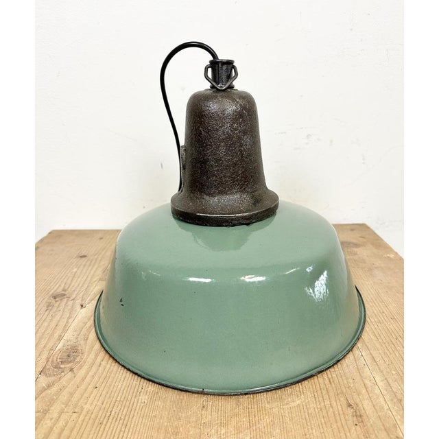 Industrial Green Enamel Factory Lamp with Cast Iron Top, 1960s For Sale - Image 9 of 17