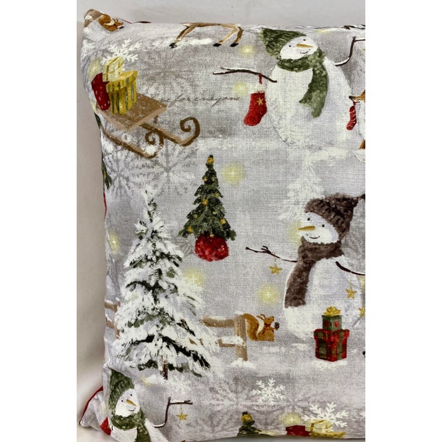 Textile Jolly Snowman With His Animal Friends in a Winter Wonderland Christmas Themed 20” Pillow - Made in U K For Sale - Image 7 of 11
