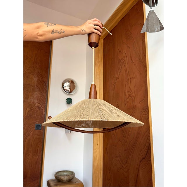 1960s Danish Modern Temde Leuchten Teak & Sisal Cord Pendant Lamp For Sale In Los Angeles - Image 6 of 11