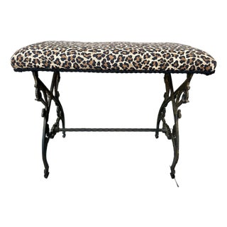 Vintage Mid 20th Century Cast Iron Bench With Leopard Print Upholstered Seat For Sale
