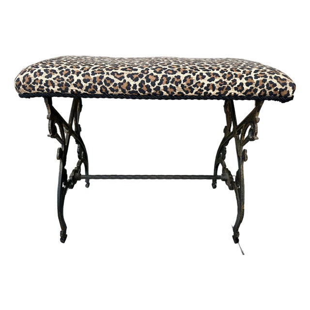 Vintage Mid 20th Century Cast Iron Bench With Leopard Print Upholstered Seat For Sale