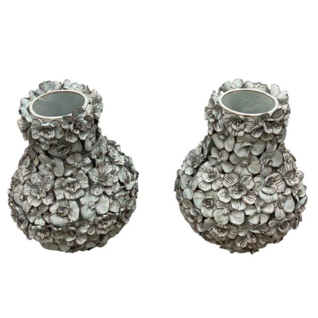 2000 - 2009 Pair of Vintage Italian Hand-Sculpted Floral Encrusted Ceramic Vases For Sale - Image 5 of 12