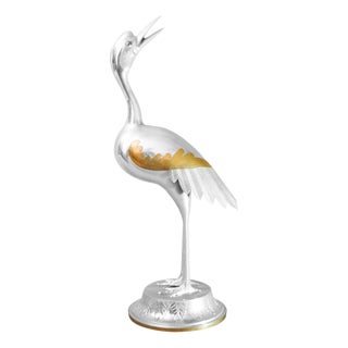 Art Deco Silver-Toned Crane Bird Sculpture with Brass Accents, 1960s For Sale