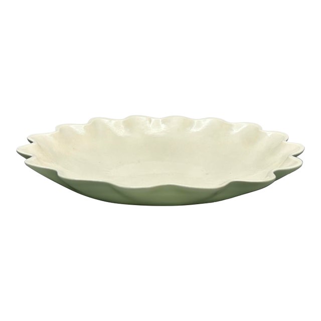 Vintage Red Wing Pottery Beige and Chartreuse Ruffled Console Bowl For Sale