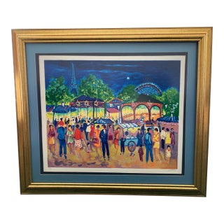 Jean-Claude Picot Signed Print Paris Eiffel Tower Carnival Colorful Custom Mat With Gold Wooden Frame For Sale