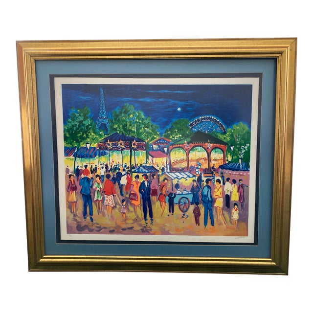 Jean-Claude Picot Signed Print Paris Eiffel Tower Carnival Colorful Custom Mat With Gold Wooden Frame For Sale