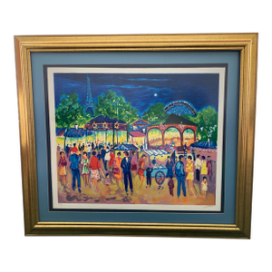 Jean-Claude Picot Signed Print Paris Eiffel Tower Carnival Colorful Custom Mat With Gold Wooden Frame