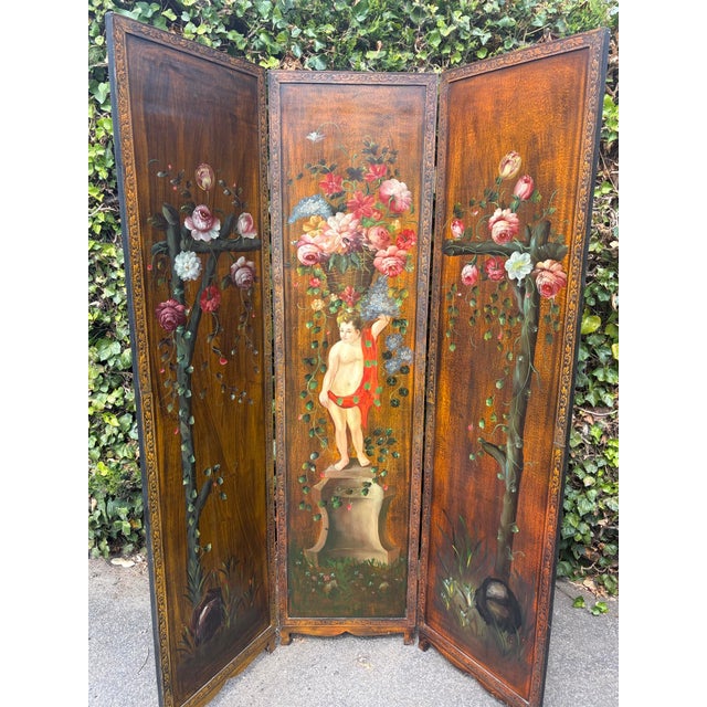 Antique Rococo French Three-Fold Hand-Painted Wood Romantic Cherub and Floral Room Divider, 1890s For Sale - Image 12 of 18