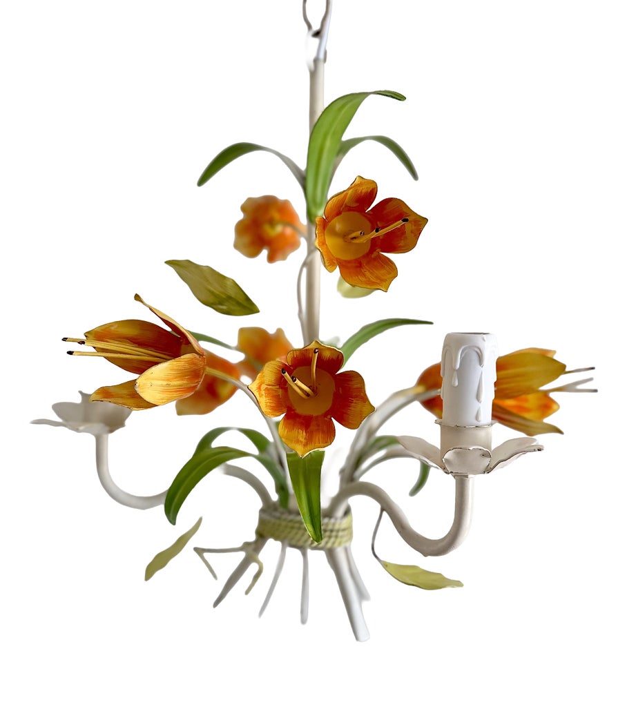 Vintage Tole Tulip Chandelier in Orange and Yellow Painted Steel, 1960s