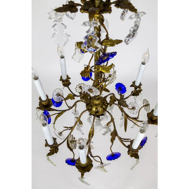1910s Indigo Blue Crystal Flowers & Gilt Vine Chandelier For Sale - Image 12 of 13