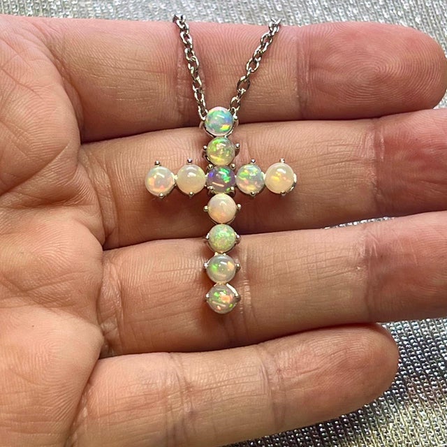 1990s Natural Opal Cross Pendant Necklace 20" 14k WG 4.50 CT Certified For Sale - Image 5 of 11