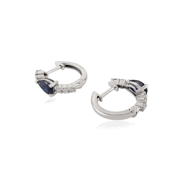 Ink Blue 18k White Gold 1 Ct Pear-Shaped Blue Sapphire & Diamond Chic Hoop Earrings- A Pair For Sale - Image 8 of 14