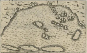 Small Map of Bantam with Dutch Ships and Portugese Engraving, 1614