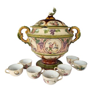 Antique Mettlach Pottery Punch Bowl and Matching Cups For Sale