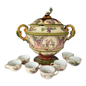 Antique Mettlach Pottery Punch Bowl and Matching Cups