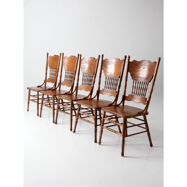 Brown Vintage Oak Dining Chairs Set of 5 For Sale - Image 8 of 18