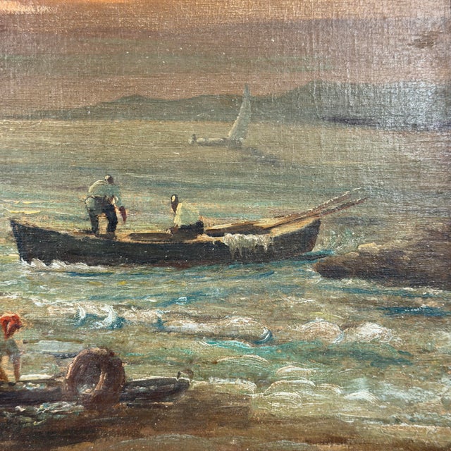 Coastal Antique Italian Coastal Village Fishermen Oil Painting – Salvaged Canvas Fragment For Sale - Image 3 of 12