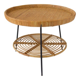 Rattan Two-Tier Tray Table with Wrought Iron Legs For Sale