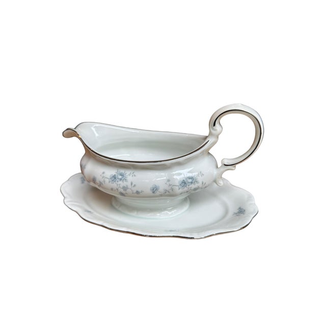 Ceramic Johann Haviland Blue Garland Gravy Boat Attached Underplate Germany For Sale - Image 7 of 10