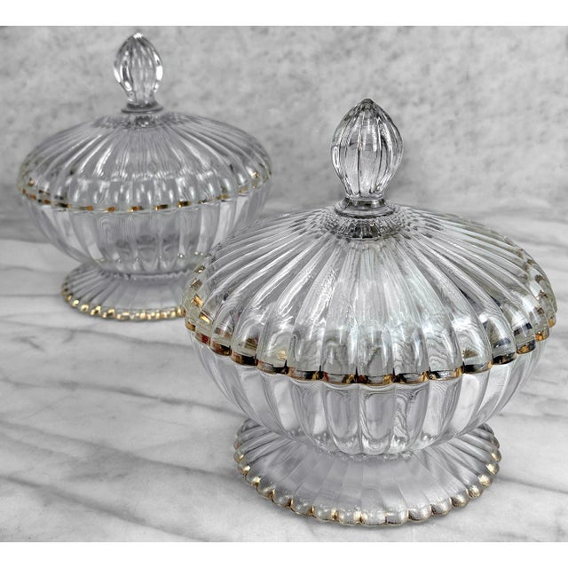 Vintage Hollywood Regency Scalloped Glass Lidded Candy Dish - A Pair For Sale - Image 4 of 9