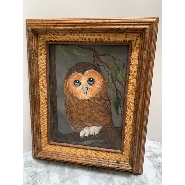 1970s Vintage Primitive Original Painting of a Sweet Sheepish Owl For Sale - Image 5 of 6