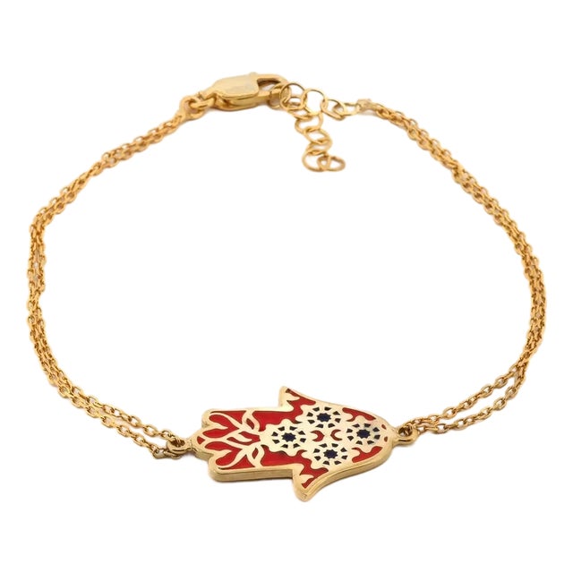 Red Enamel Floral Hamsa Hand Gold Vermeil Chain Bracelet For Sale